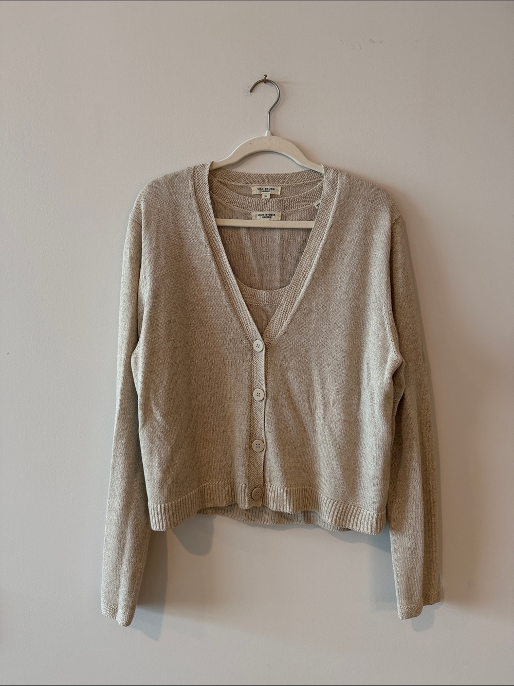 Neutral V-Neck Button Front Cardigan Sweater and Shell set- Beige